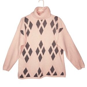 Vtg Women's Pink Argyle Turtleneck Sweater L Lambswool Angora Pastel Feminine